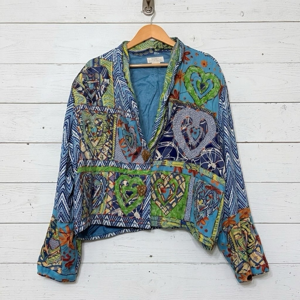 VTG Sandy Starkman Jacket Colorful Artsy Wood Heart Buttons Women's 3X